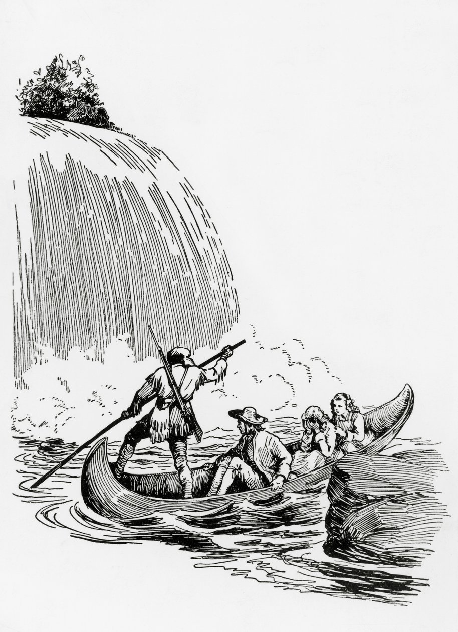 Päähenkilöt kanootissa vesiputouksen rannalla, kuvitus elokuvaan The Last of the Mohicans, James Fenimore Cooper, Principato Editore, Milano tekijältä James Fenimore Cooper