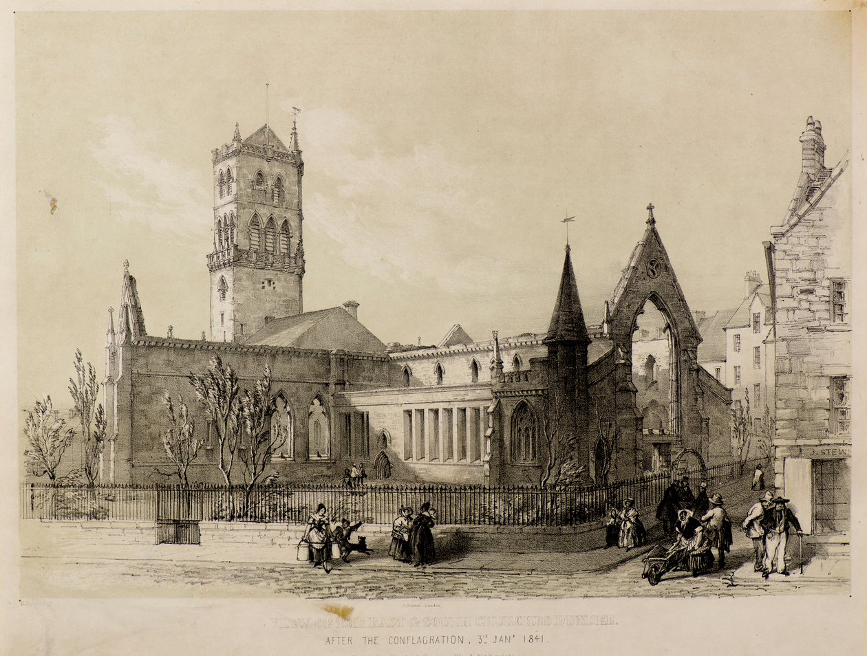Näkymä itä- ja eteläkirkoille, Dundee, tulipalon jälkeen, 3. tammikuuta 1841 tekijältä James Fenton