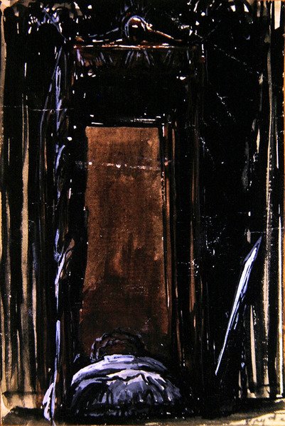 Sänky, n. 1909 (muste ja guassi paperille) tekijältä James Ferrier Pryde