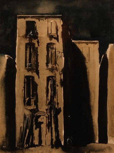 Slummi, n. 1911 (akvarelli) tekijältä James Ferrier Pryde