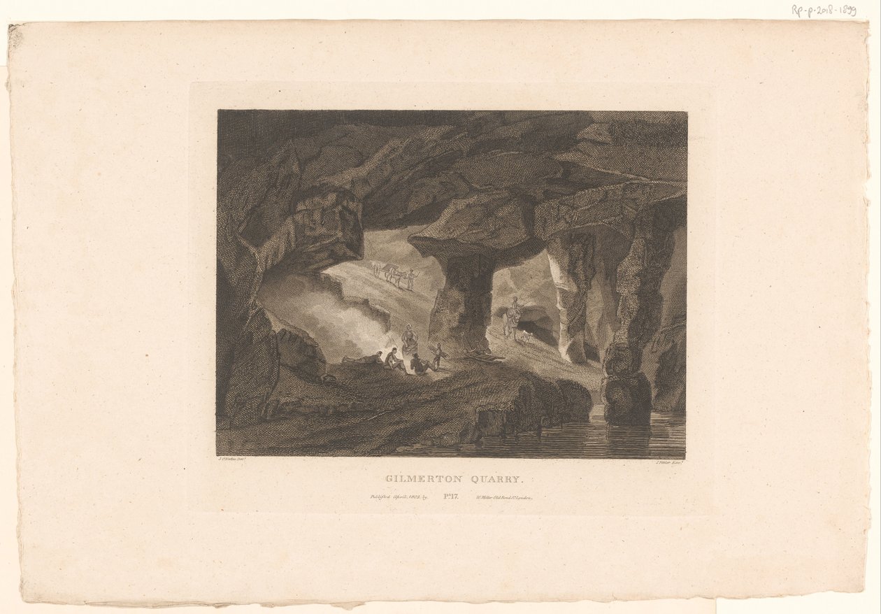 Näkymä Gilmerton Quarrylle, lähellä Edinburghia Gilmerton Quarry (otsikko esineessä) tekijältä James Fittler