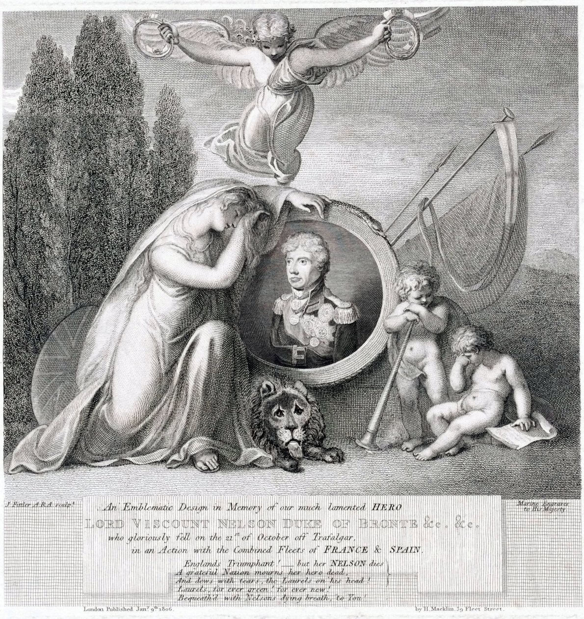 Ikoninen piirros edesmenneen sankarimme lordi varakreivi Horatio Nelsonin (1758-1805) muistoksi. tekijältä James Fittler