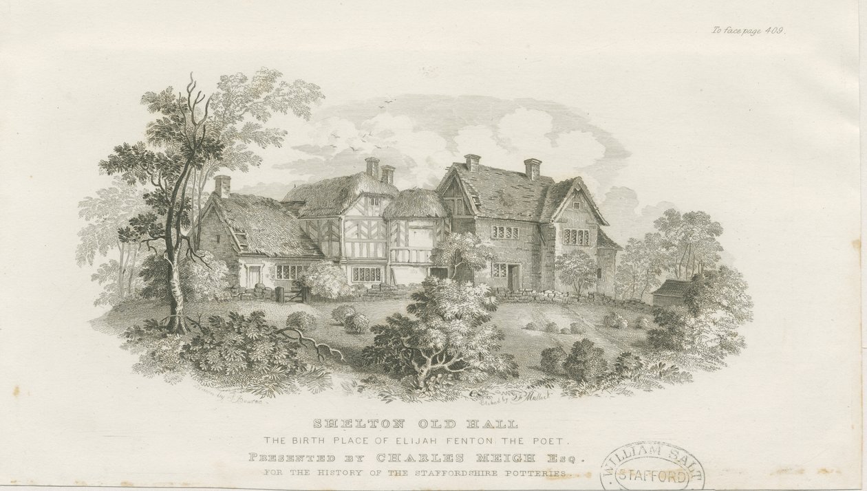 Shelton Old Hall: teräskaiverrus (vinjetoitu), nd [c 1843] (painettu) tekijältä James Flewitt Mullock