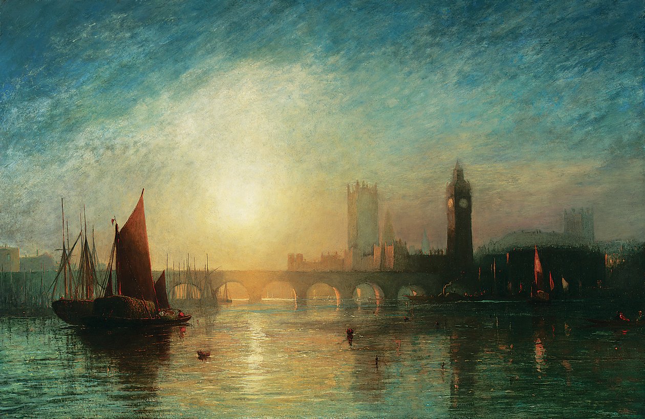 Näkymä Westminster Bridgelle ja parlamenttitalolle, heinäproomu ja muu laivaliikenne etualalla, 1869 tekijältä James Francis Danby