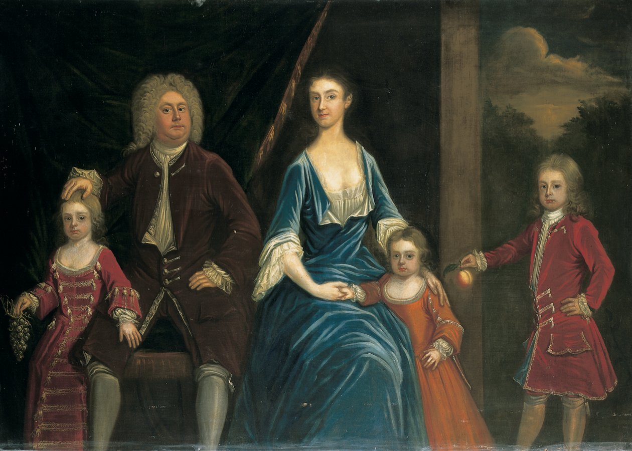Ryhmämuotokuva Henrystä, Wardourin viidennestä lordi Arundellista ja hänen vaimostaan Elizabethista yhdessä lastensa kanssa sisätiloissa, maisemassa sen takana tekijältä James Francis Maubert