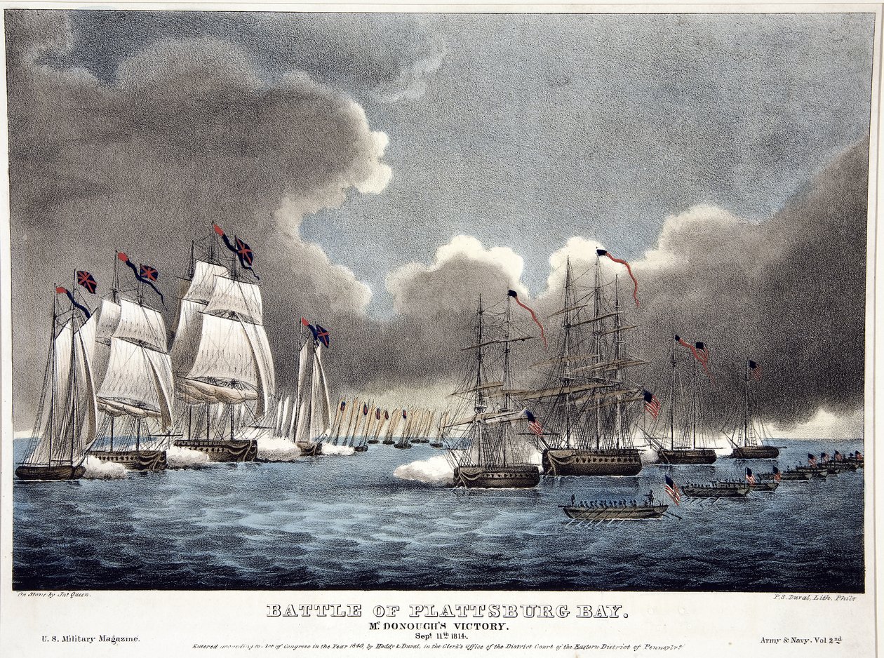 Battle of the Plattsburg Bay: McDonoughs Victory, pubi. 1840 (käsinvärinen kaiverrus) tekijältä James Fuller Queen