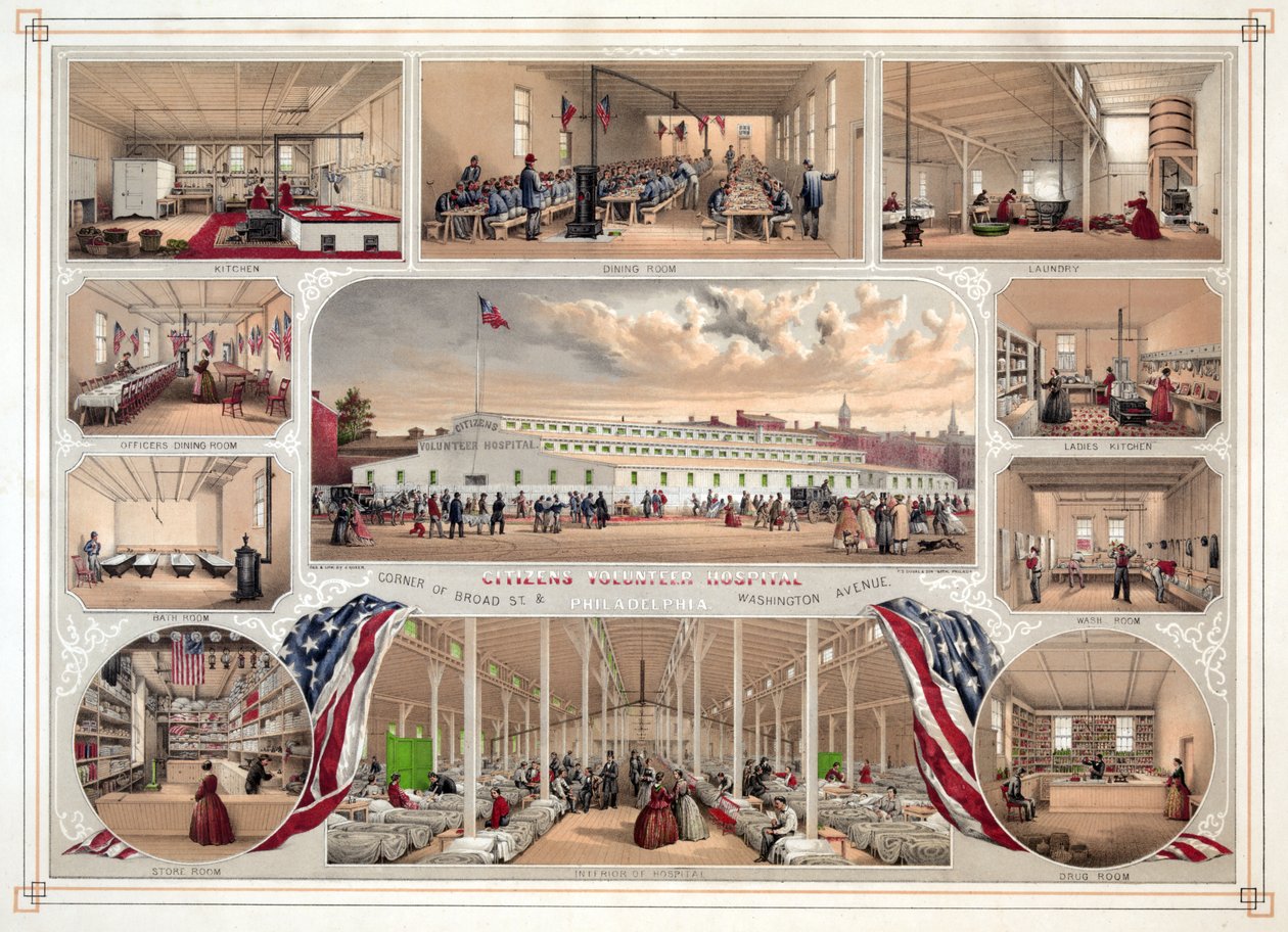 Juliste Citizens Volunteer Hospitalille, Philadelphia, pub. 1862 tekijältä James Fuller Queen