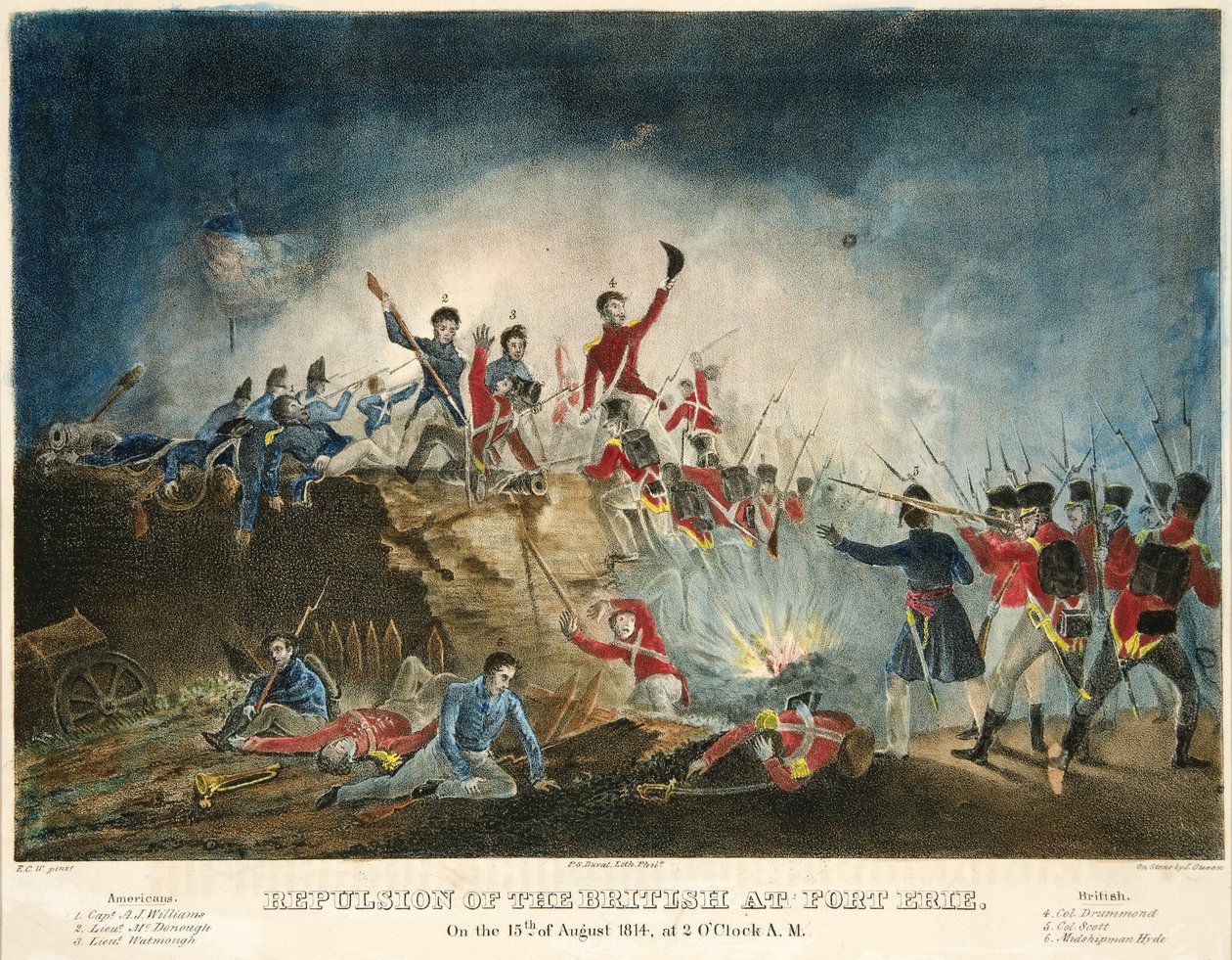 Brittien karkotus Fort Eriessä, 15. elokuuta 1814, klo 2.00, pub. 1841, (käsinvärinen kaiverrus) tekijältä James Fuller Queen