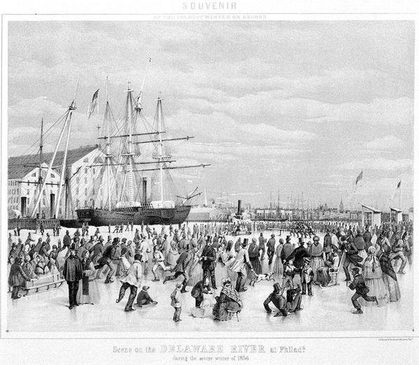Kohtaus Delaware-joella Philadelphiassa ankaralla talvella 1856, n. 1860 (litho) (m/v kuva) tekijältä James Fuller Queen