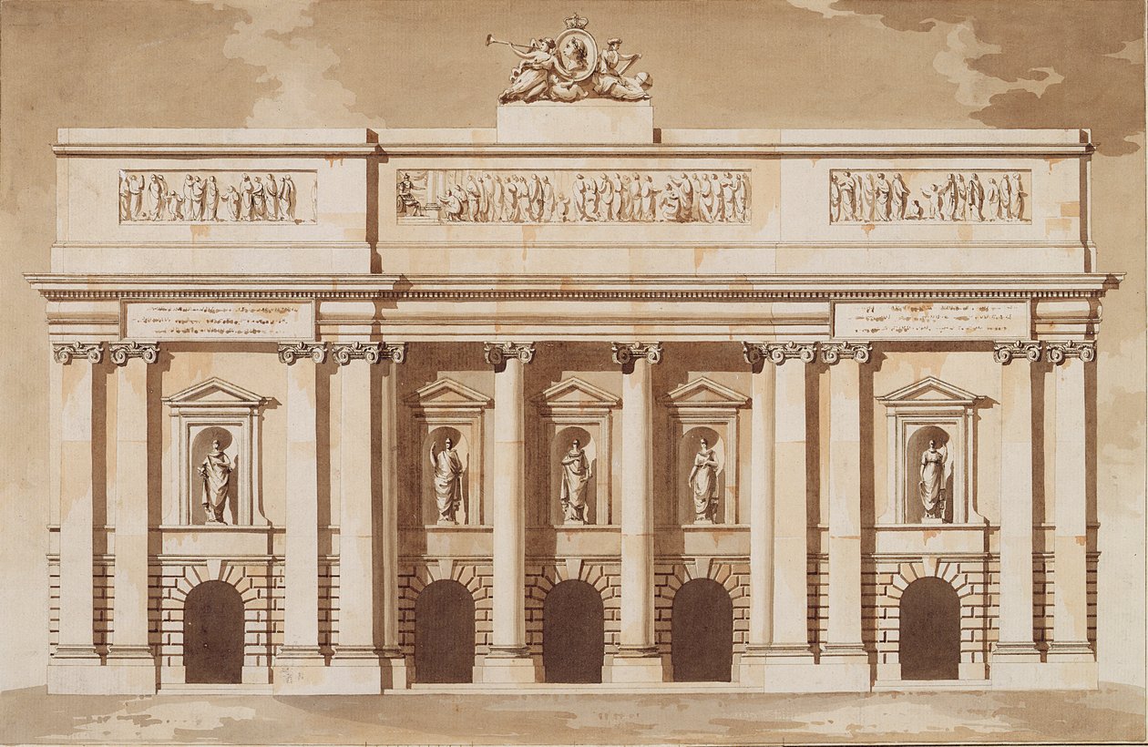 Dublinin parlamenttitalon länsirintaman korkeus, n. 1787 (kynä ja sivellin ruskealla musteella ja wc asetetulla paperilla) tekijältä James Gandon