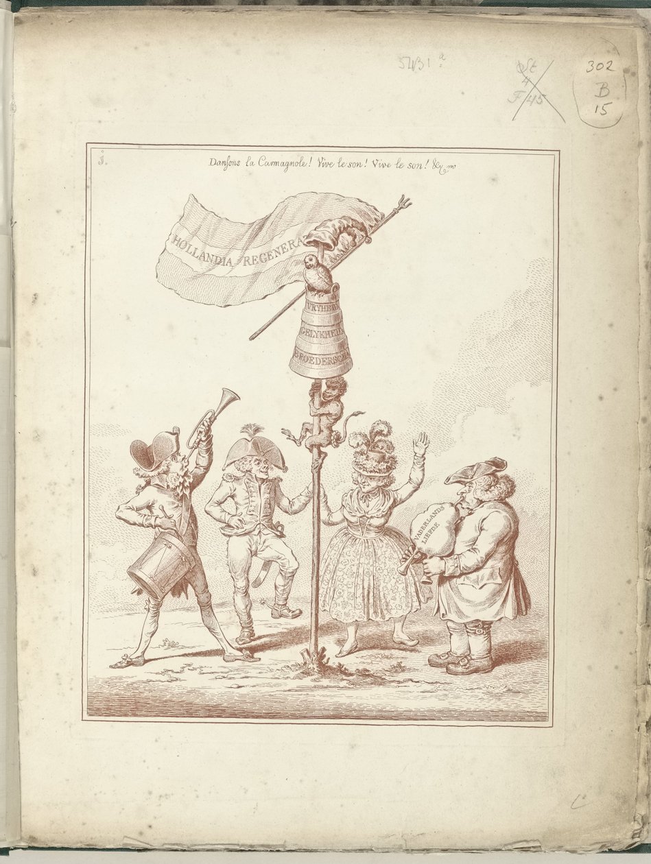 aTitelprent van serie Hollandia Regenerata, 1795 Hollandia Regenerata (otsikko esineessä) Hollandia Regenerata (sarjan nimi) tekijältä James Gillray (possibly)