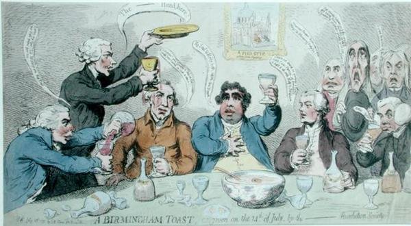 Revolution Societyn 14. heinäkuuta antama Birmingham Toast, julkaisija S.W. Fores vuonna 1791 (käsinvärinen etsaus) tekijältä James Gillray