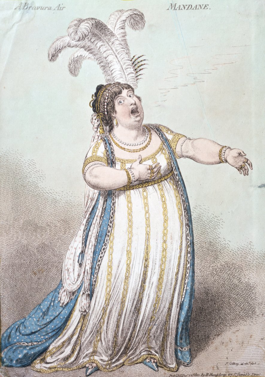 A Bravura Air, Mandane, Hannah Humphreyn julkaisema 1801 (käsin väritetty etsaus). tekijältä James Gillray