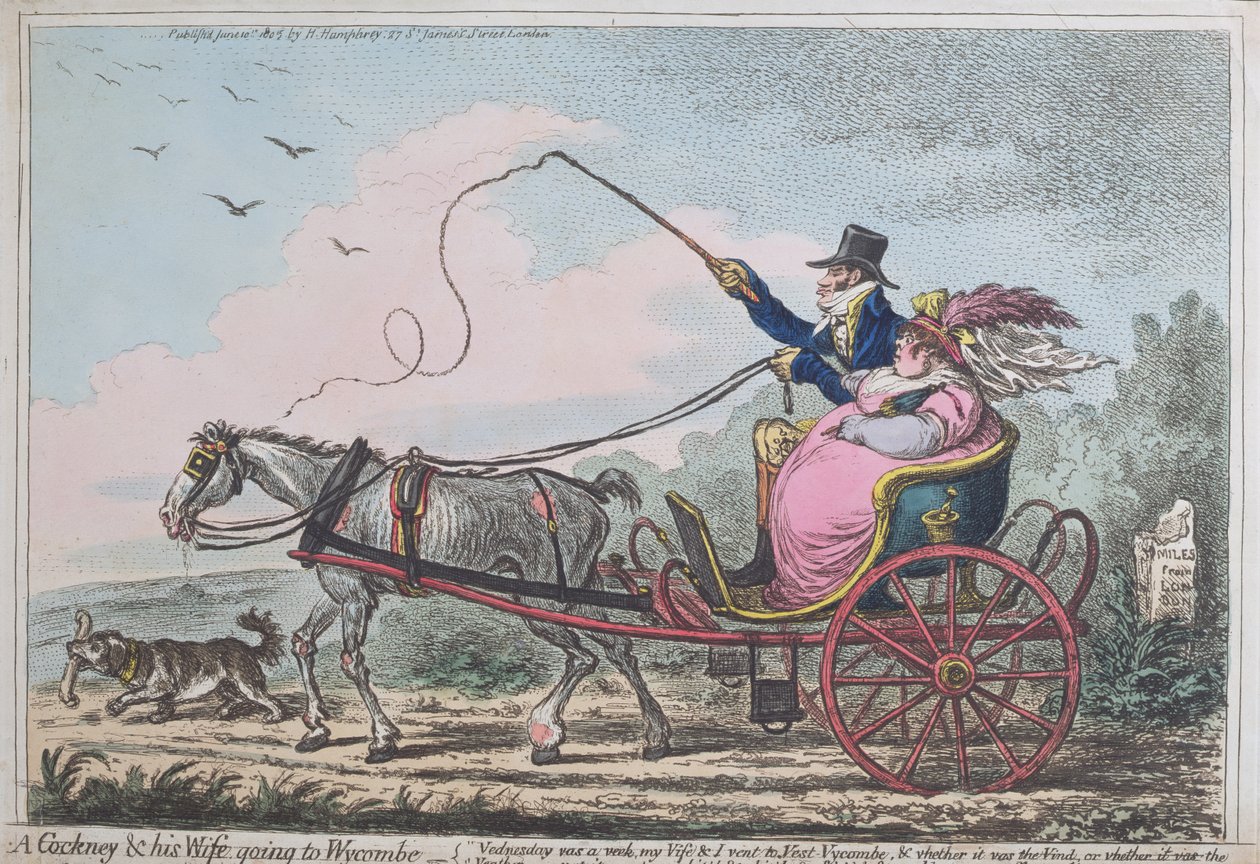 A Cockney and his Wife going to Wycombe, julkaissut Hannah Humphrey 1805 (käsinväritetty etsaus, jossa on akvatintti). tekijältä James Gillray