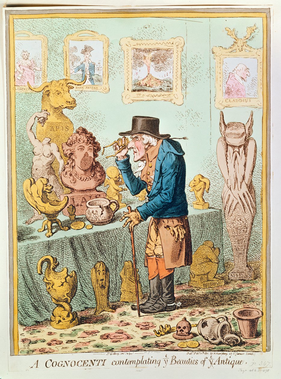 A Cognocenti Contemplating Ye Beauties of Ye Antique, julkaisija Hannah Humphrey, 1801 (käsinvärinen etsaus) tekijältä James Gillray