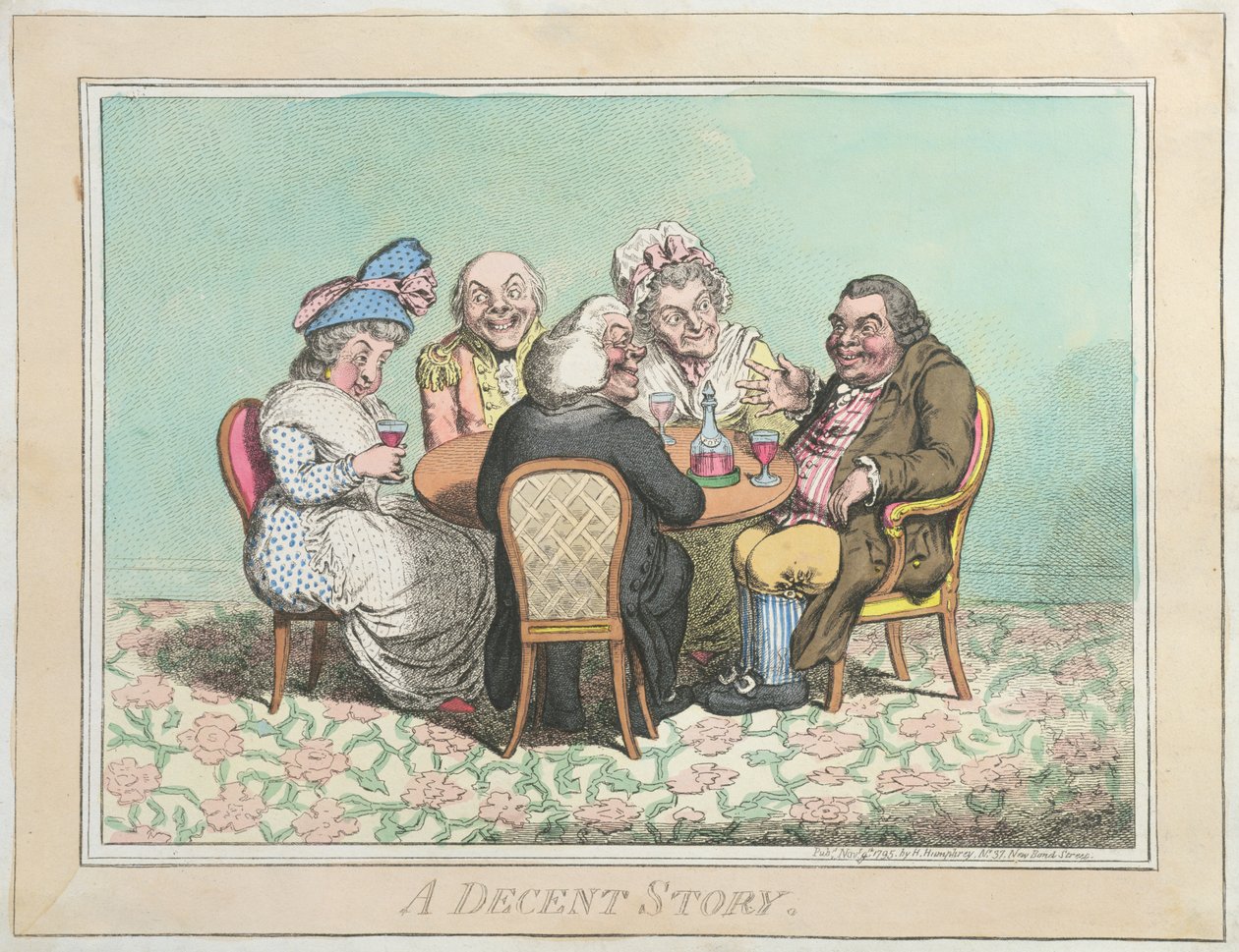 Hannah Humphreyn vuonna 1795 julkaisema A Decent Story (käsinväritetty etsaus). tekijältä James Gillray