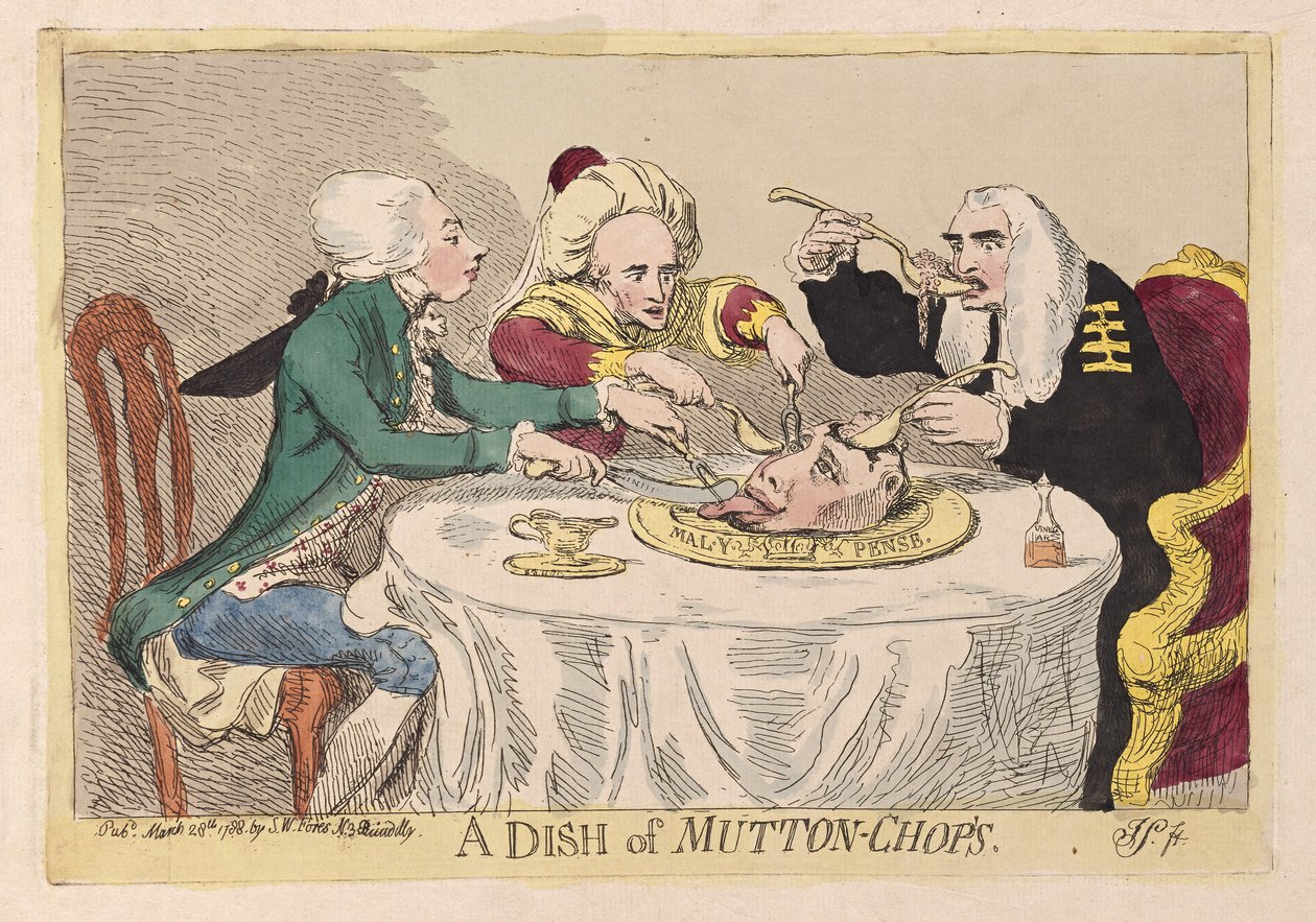 Lampaankyljyslautanen, pubi. 1788 (käsinvärinen kaiverrus) tekijältä James Gillray