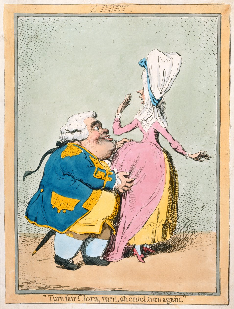 Duetto: "Turn Fair Clora, turn, ah cruel, turn again", jonka julkaisi Hannah Humphrey vuonna 1792 (käsin väritetty etsaus). tekijältä James Gillray