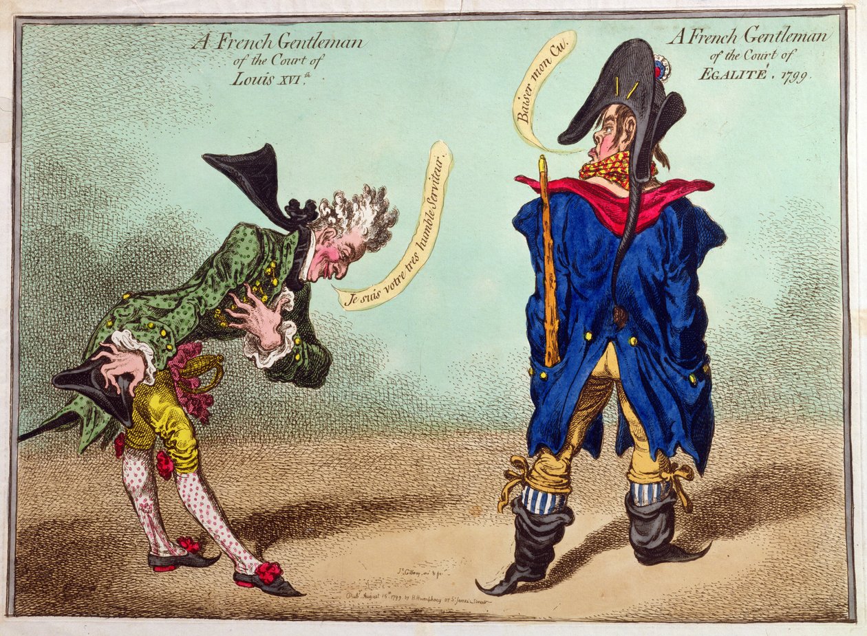 Ranskalainen herrasmies Ludvig XVI:n hovista ja ranskalainen herrasmies Egaliten hovista, julkaistu vuonna 1799 (käsin väritetty etsaus). tekijältä James Gillray