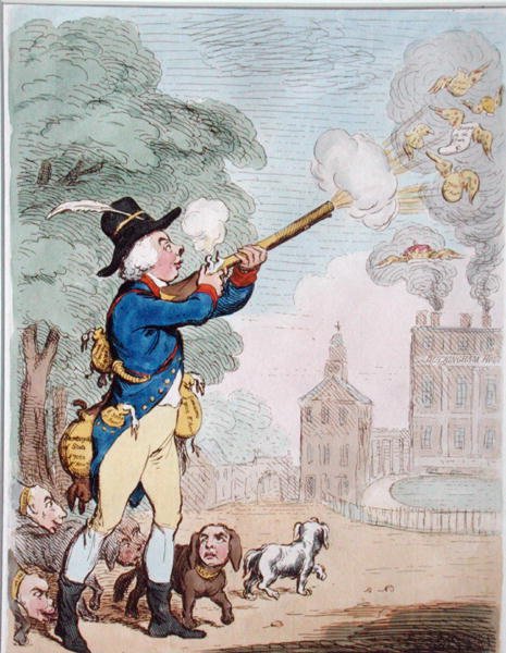 A Good Shot tai Billy-Ranger the Game-Keeper hienossa urheilumaassa, julkaissut Hannah Humphrey vuonna 1792 (käsinvärinen etsaus) tekijältä James Gillray
