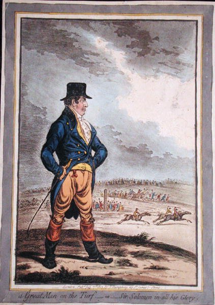 Suuri mies Turfilla tai Sir Solomon kaikessa loistossaan! julkaissut Hannah Humphrey vuonna 1803 (käsinvärinen etsaus) tekijältä James Gillray