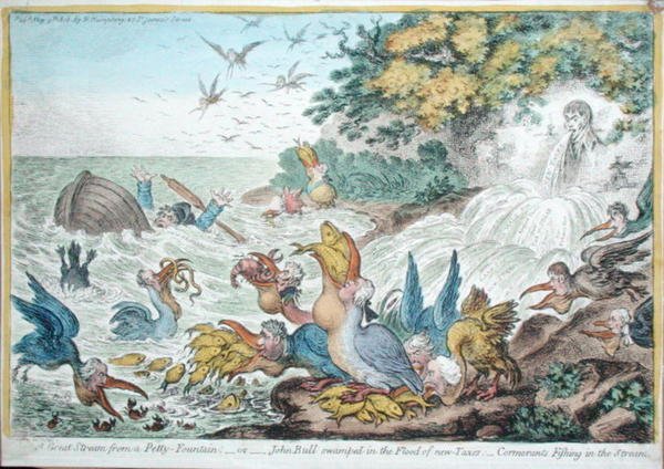 Suuri myrsky pikkusuihkulähteestä eli John Bull upposi uusien verojen tulvaan: Merimetsot kalastavat virrassa, julkaisi Hannah Humphrey vuonna 1806 (käsinvärinen etsaus) tekijältä James Gillray
