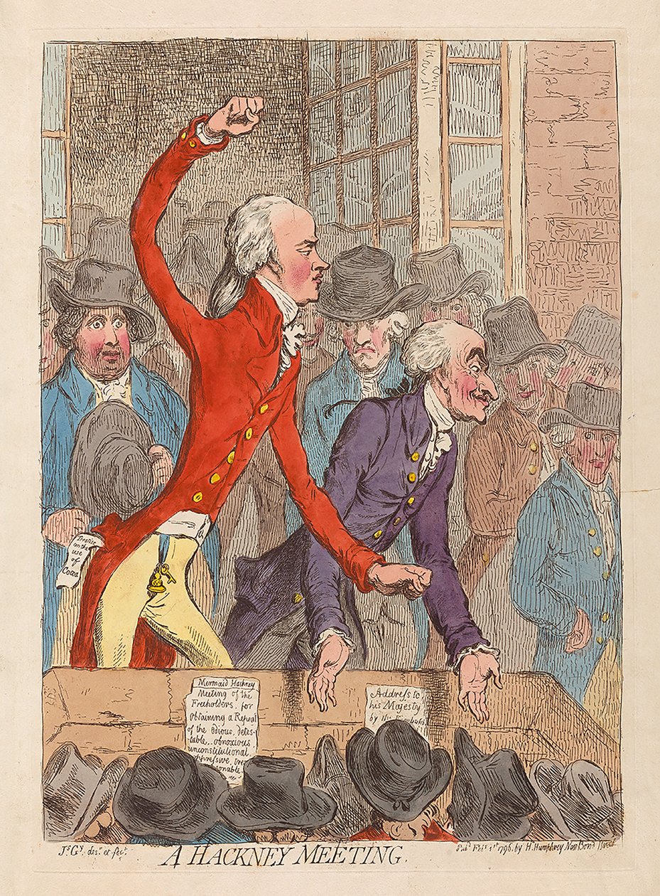 Hackney-kokous, pubi. 1796 (käsinvärinen kaiverrus) tekijältä James Gillray
