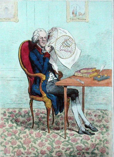 Tarkkanäköinen poliitikko selvittää brittiläiset valloitukset, julkaisi Hannah Humphrey vuonna 1795 (käsinvärinen etsaus) tekijältä James Gillray