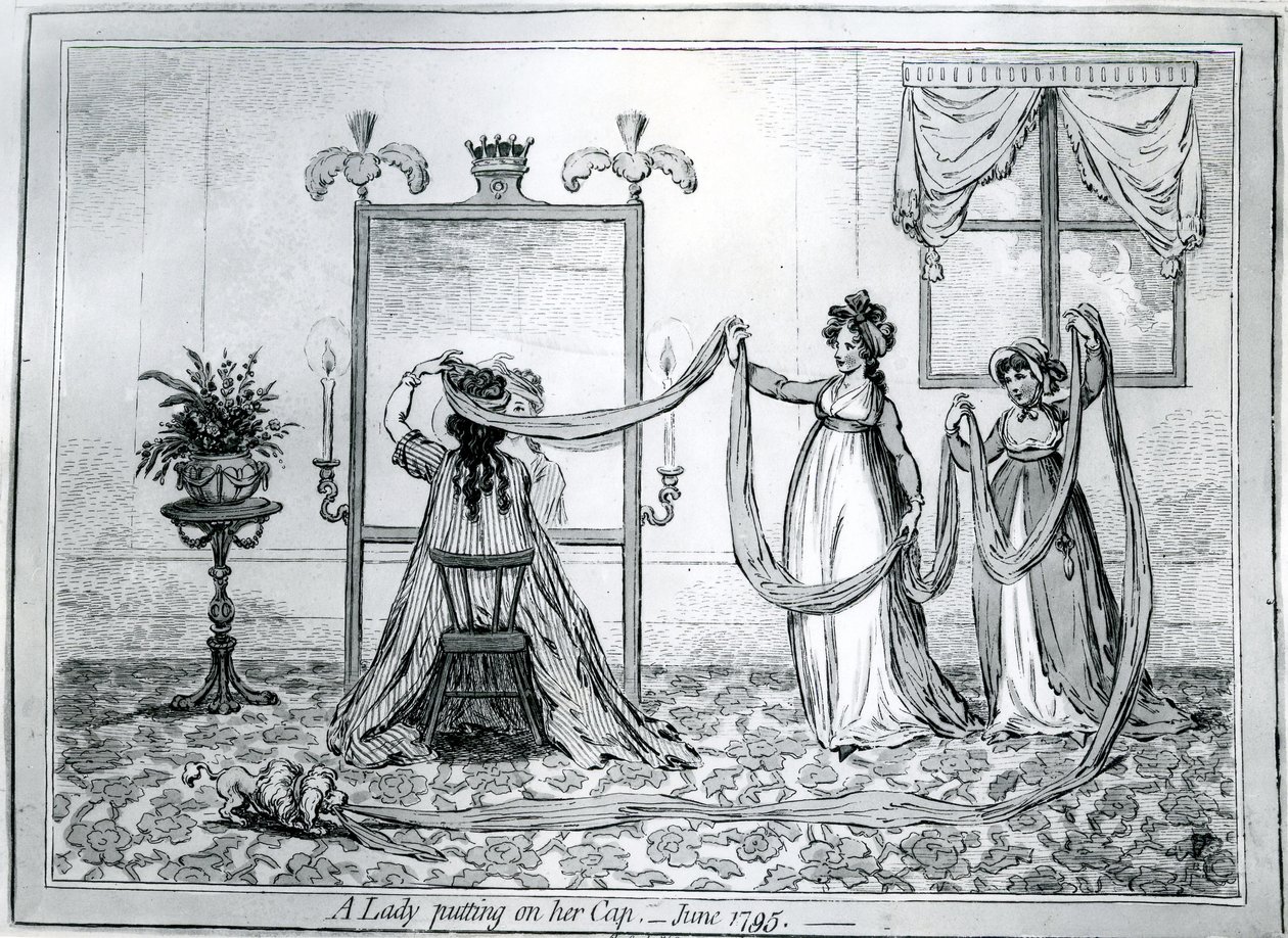 Nainen pukee hattua, 1795 tekijältä James Gillray