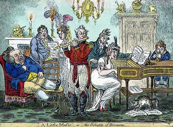 "Pikku musiikkia tai harmonian herkkuja", pub. Kirjailija: Hannah Humphrey tekijältä James Gillray