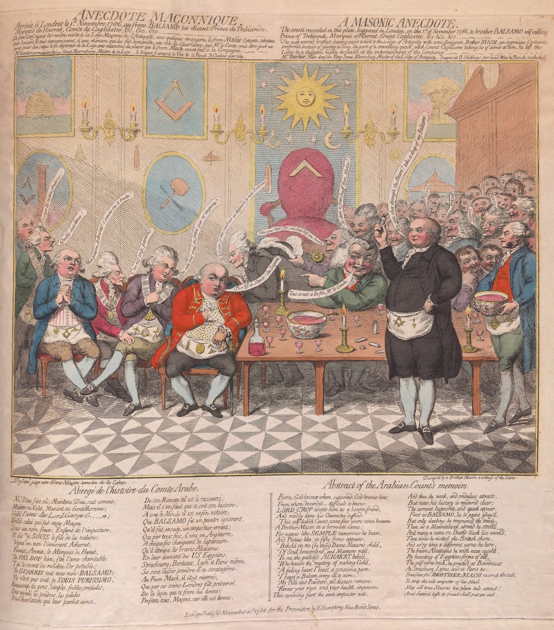 Vapaamuurarien anekdootti, pubi. 1786 (käsinvärinen kaiverrus) tekijältä James Gillray