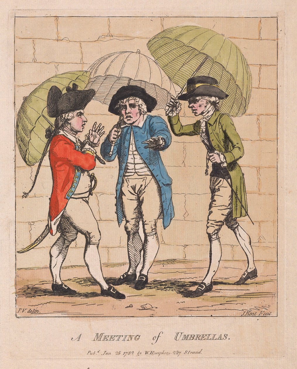 Sateenvarjojen kokous, pubi. 1782 (käsinvärinen kaiverrus) tekijältä James Gillray