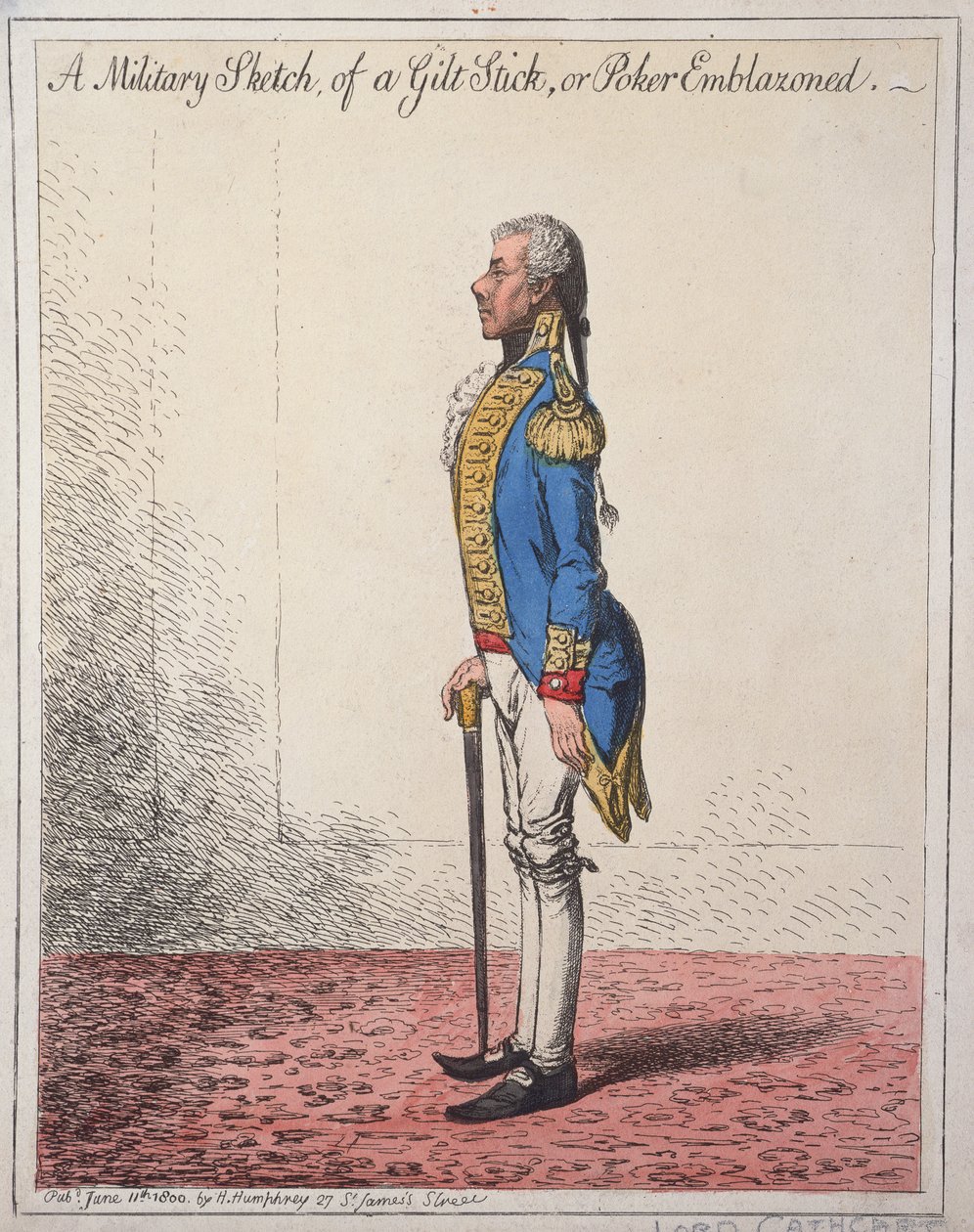 Sotilaallinen luonnos kullatusta kepistä tai pokerikoristeesta, julkaissut Hannah Humphrey vuonna 1800 (käsinvärinen etsaus) tekijältä James Gillray