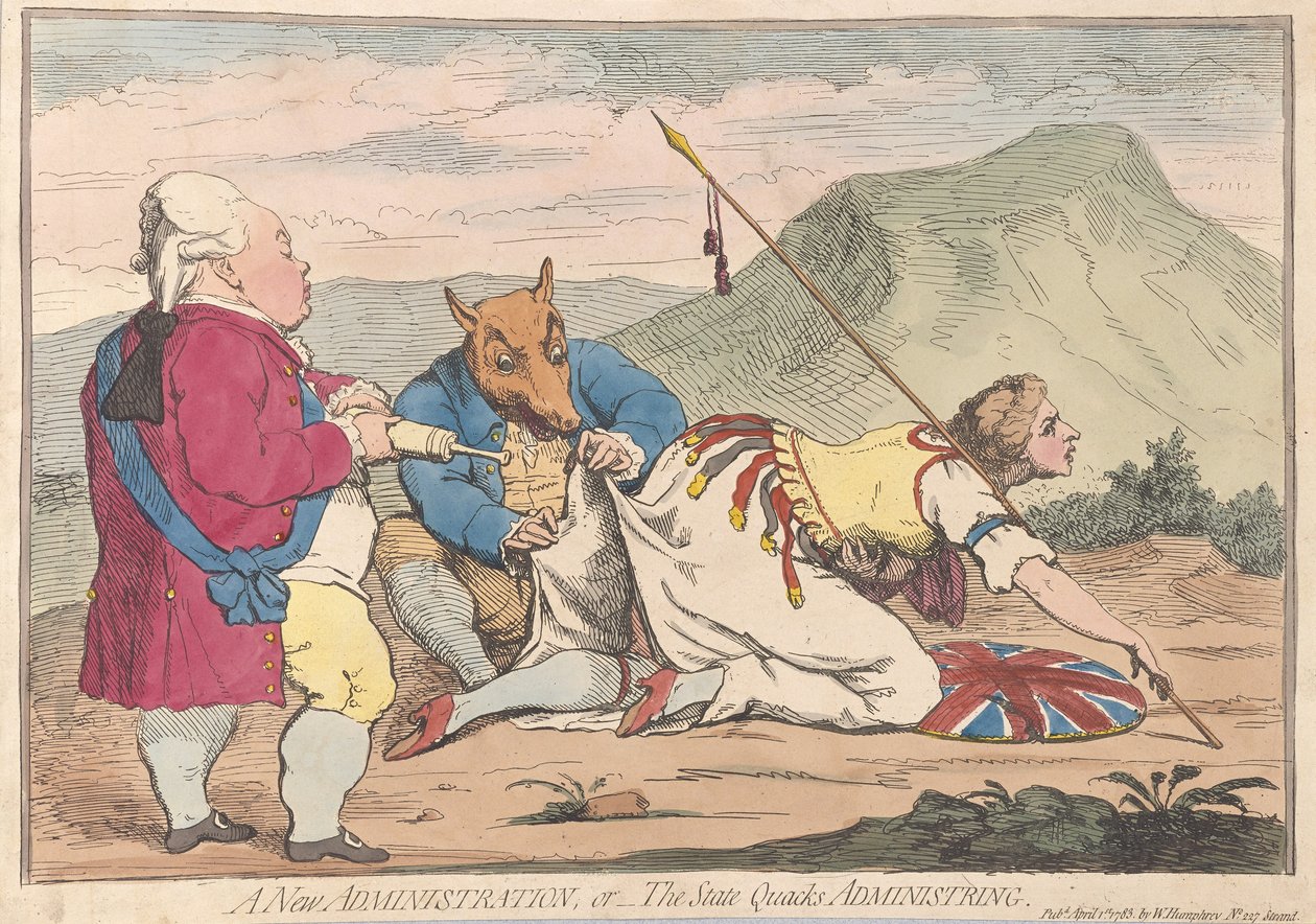 A New Administration tai The State Quacks Administring, pub. 1783 (käsinvärinen kaiverrus) tekijältä James Gillray