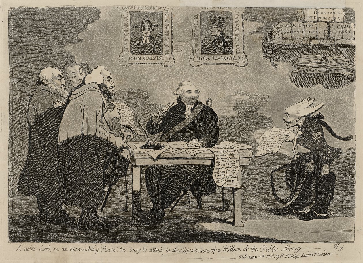 Jalo lordi lähestymässä rauhaa, liian kiireinen maksaakseen miljoonan julkisen rahan [käänteinen] tekijältä James Gillray