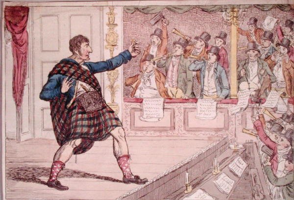 Parodia Macbethin soliloquysta Covent Garden Theatressa, Walkerin vuonna 1809 julkaisema (käsinvärinen etsaus) tekijältä James Gillray