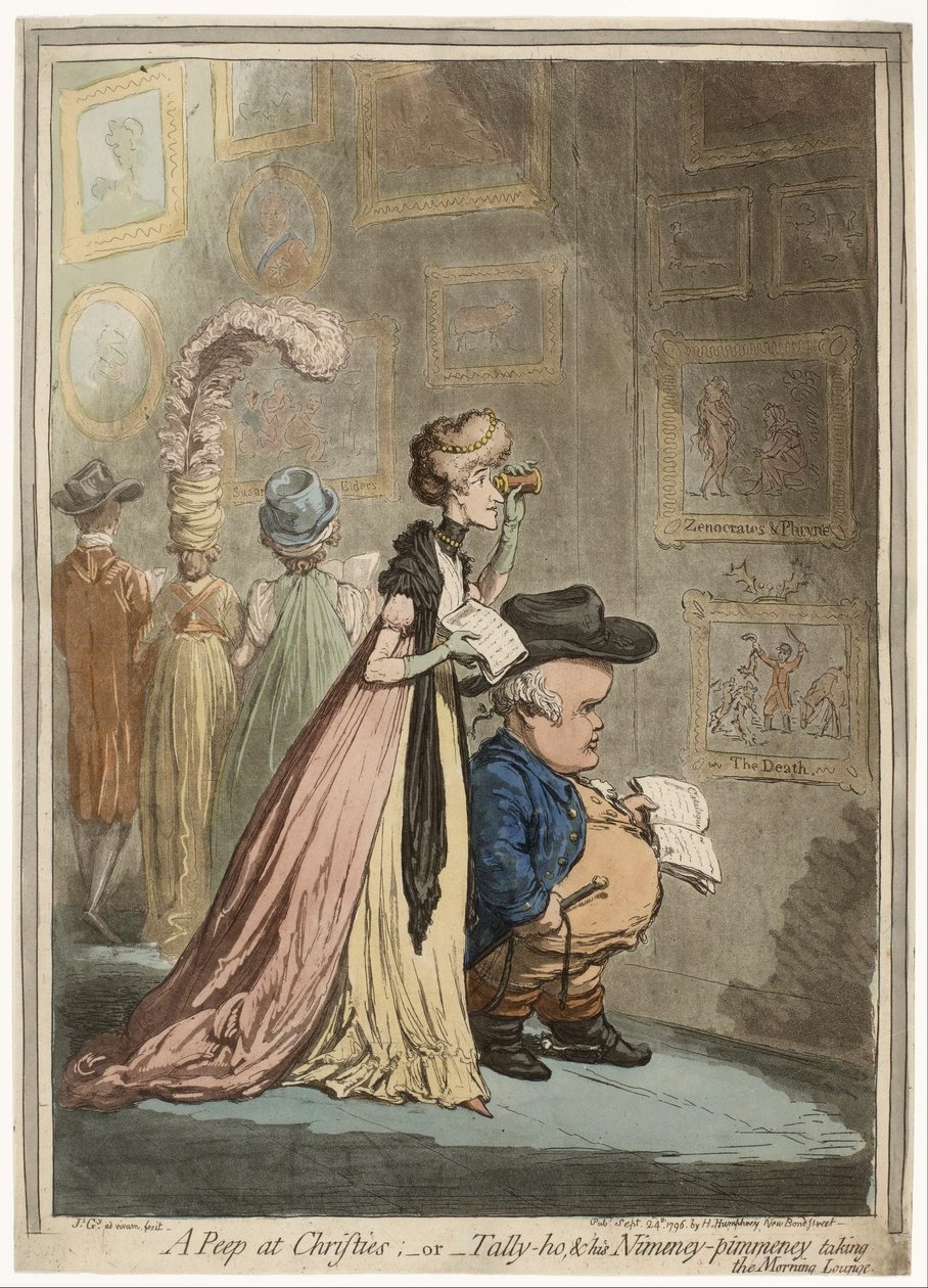 Kurkistus Christiesiin; tai Tally-ho, amp; Hänen Nimeney-Pimmeneyinsä ottamassa aamun oleskelutilaa vastaan tekijältä James Gillray