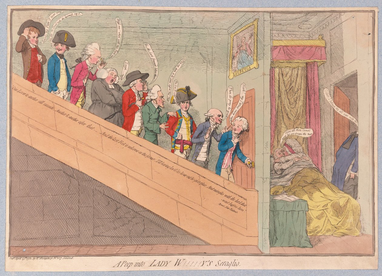 Kurkistus Lady W!!!!!yn seraglioon, pub. 1782 (käsin väritetty kaiverrus) tekijältä James Gillray