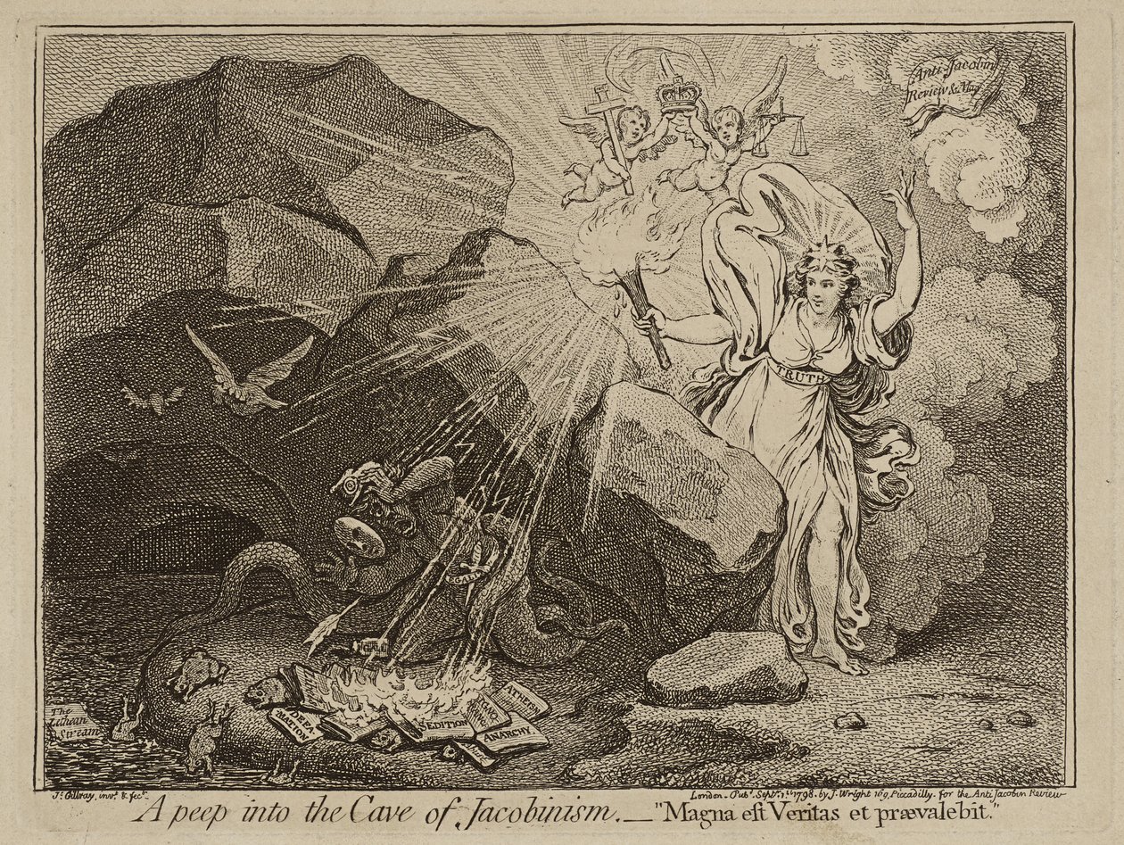 Kurkistus jakobinismin luolaan eli Suuri totuus voittaa, 1798 (etsaus paperille) tekijältä James Gillray