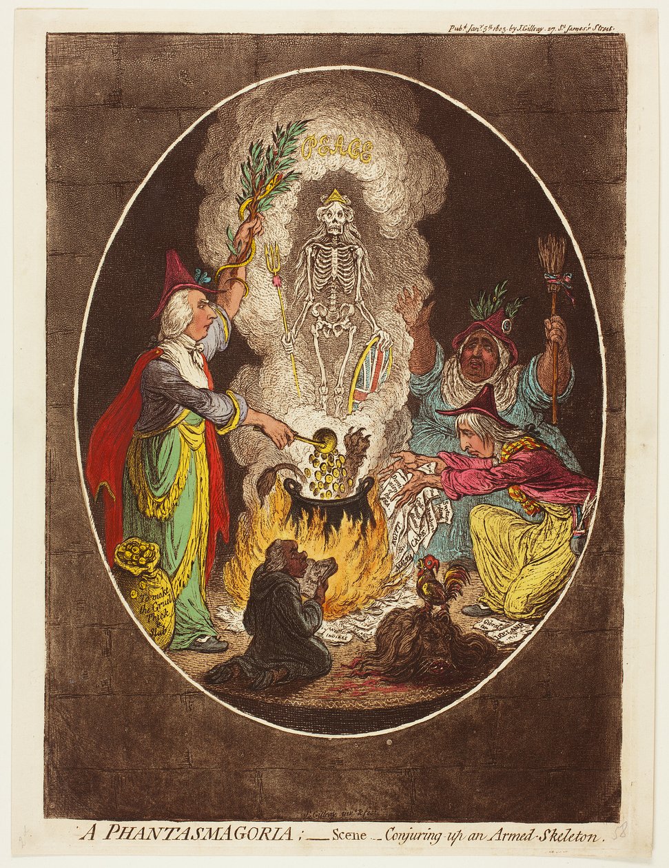 A Phantasmagoria - Kohtaus - Aseistetun luurangon loihtiminen esiin tekijältä James Gillray