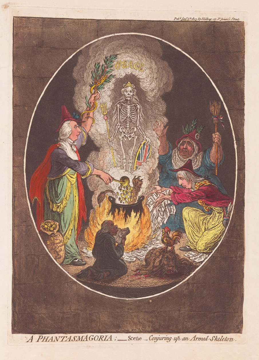 A Phantasmagoria: Scene - Aseistetun luurangon loihtiminen, pubi. 1803 (käsinvärinen kaiverrus) tekijältä James Gillray