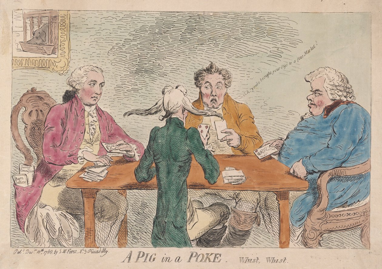 A Pig in a Poke, Whist, Whist, pub. 1788 (käsin väritetty kaiverrus). tekijältä James Gillray
