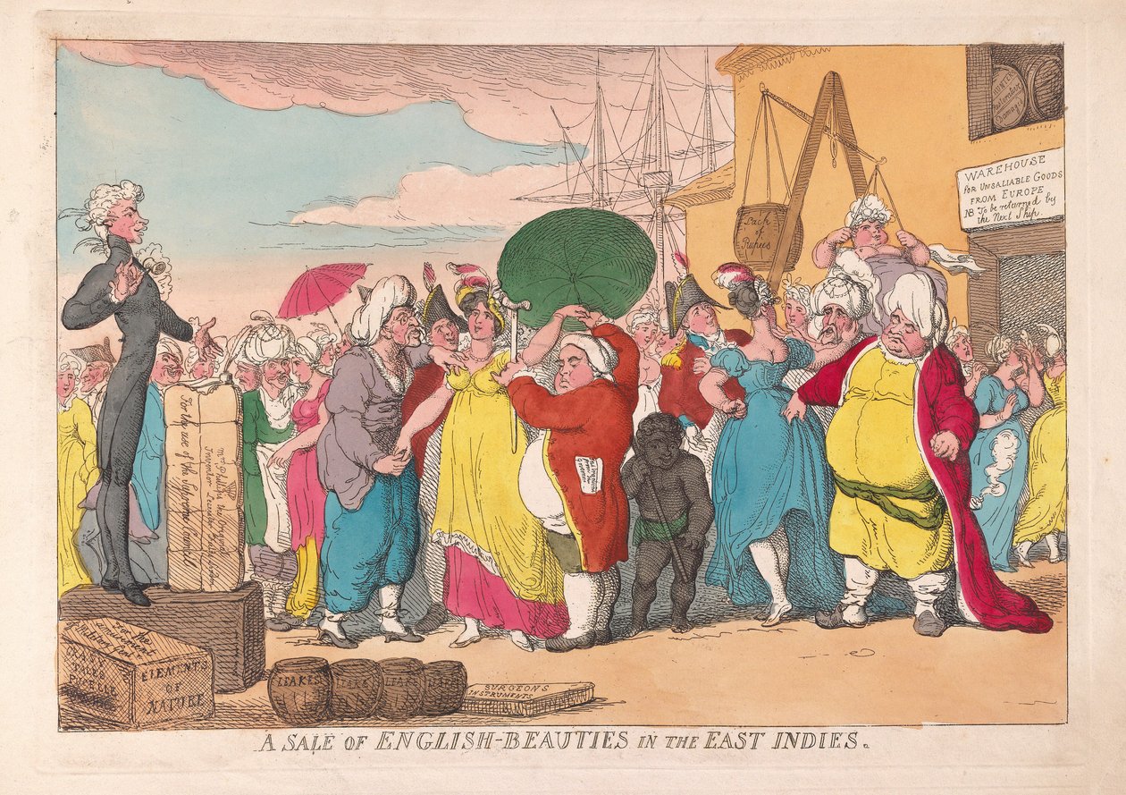 A Sale of English Beauties in the East Indies, pub. 1786 (käsin väritetty kaiverrus) tekijältä James Gillray