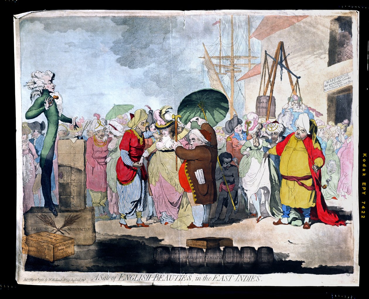 W. Hollandin vuonna 1786 julkaisema A Sale of English Beauties in the East Indies (käsinvärjätty etsaus, jossa on akvatintti). tekijältä James Gillray
