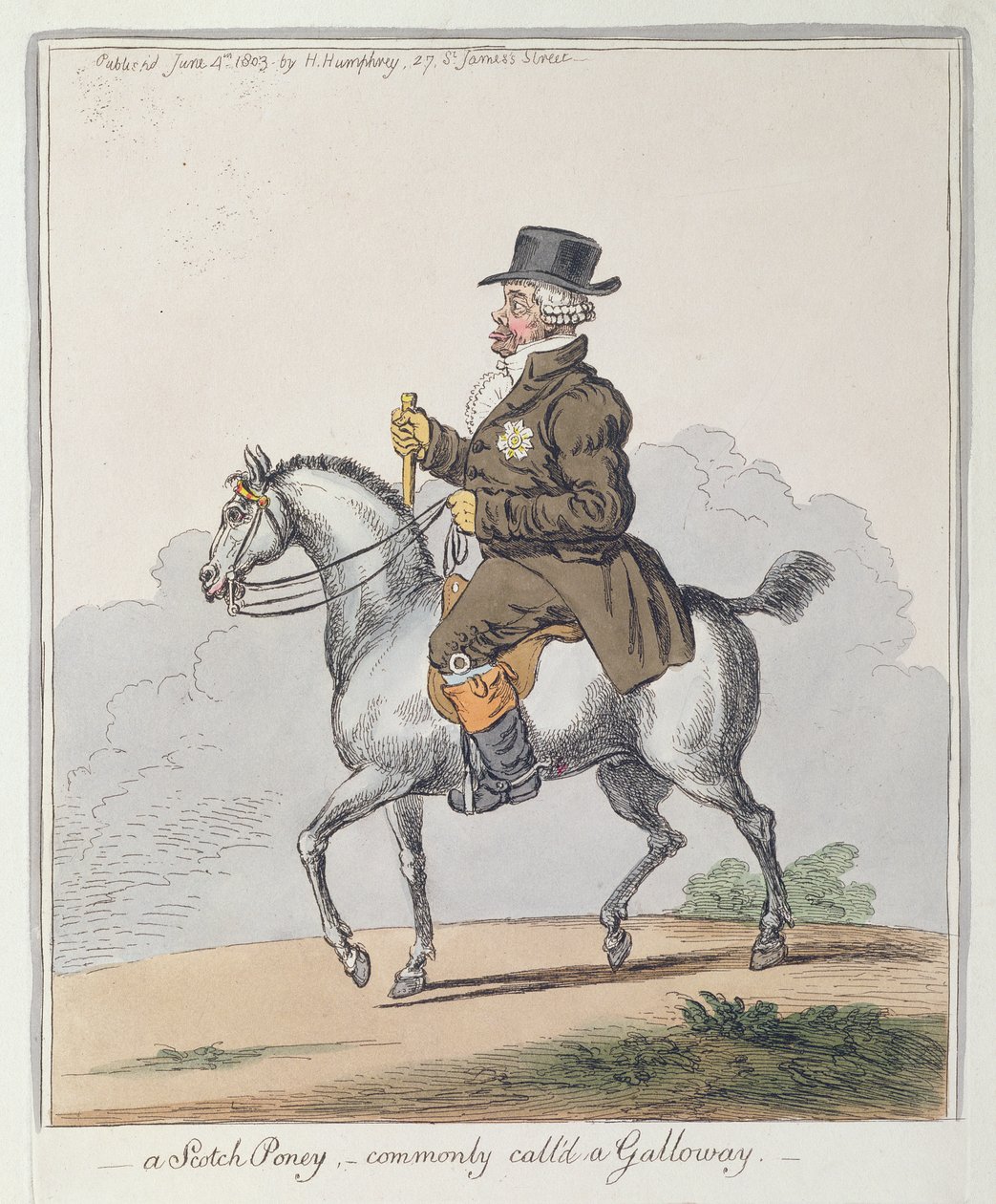 Scotch Poney, jota yleisesti kutsutaan nimellä Galloway, julkaisi Hannah Humphrey vuonna 1803 (käsinvärinen etsaus) tekijältä James Gillray