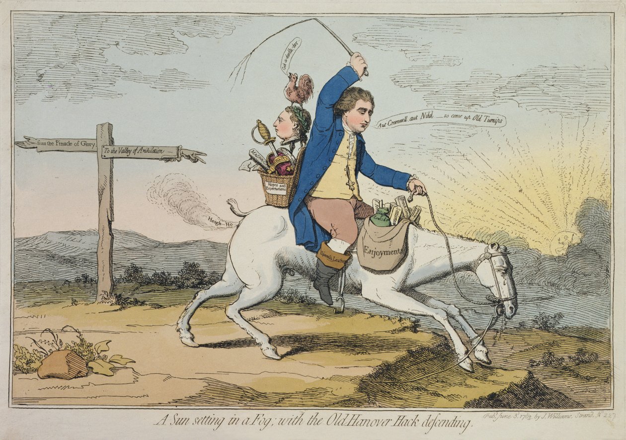 Aurinko laskemassa sumussa, vanhan Hannoverin Hackin puolustaessa, julkaissut J. Williams vuonna 1783 (käsinvärinen etsaus) tekijältä James Gillray