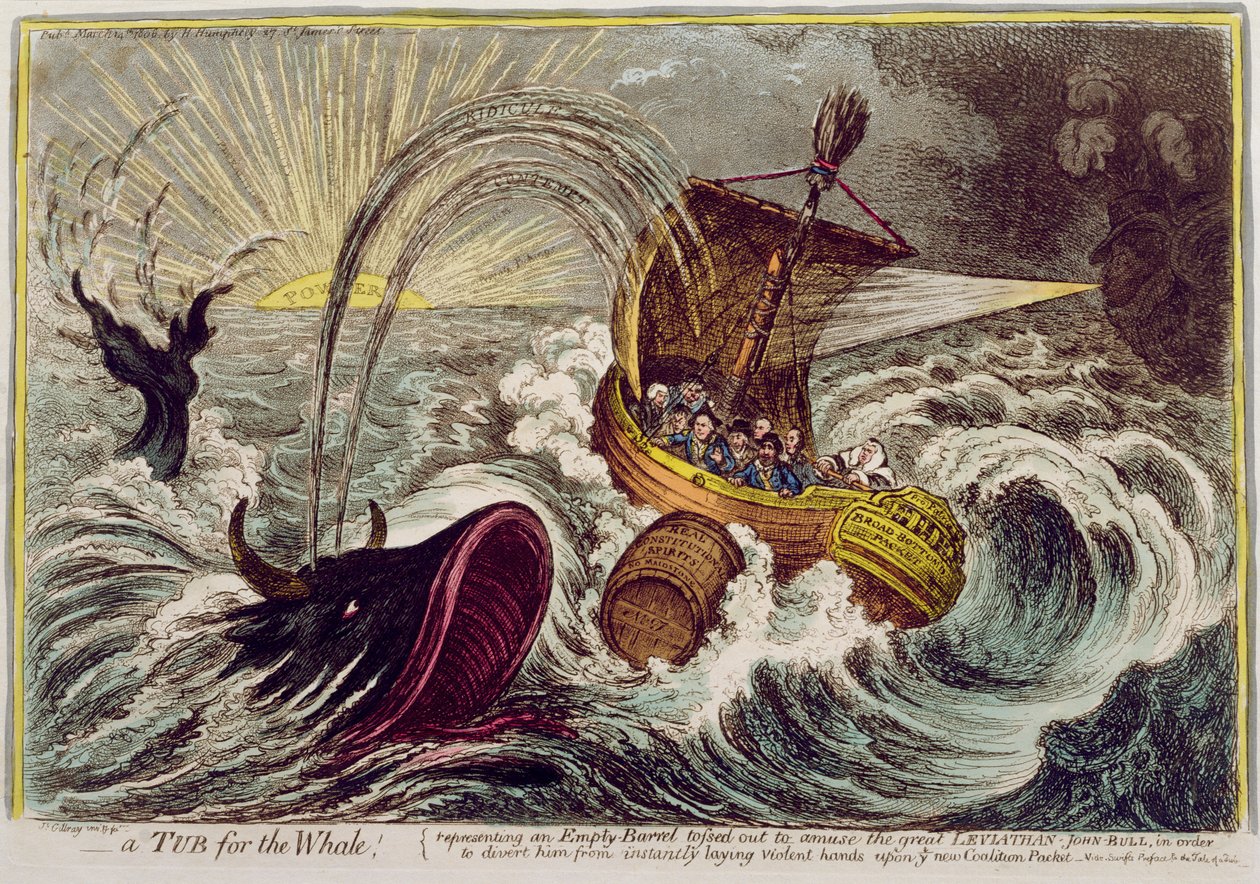 Kylpyamme valaalle! julkaissut Hannah Humphrey vuonna 1806 (käsinvärinen etsaus) tekijältä James Gillray