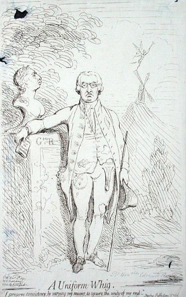 Hannah Humphreyn vuonna 1791 julkaisema A Uniform Whig (etsaus). tekijältä James Gillray