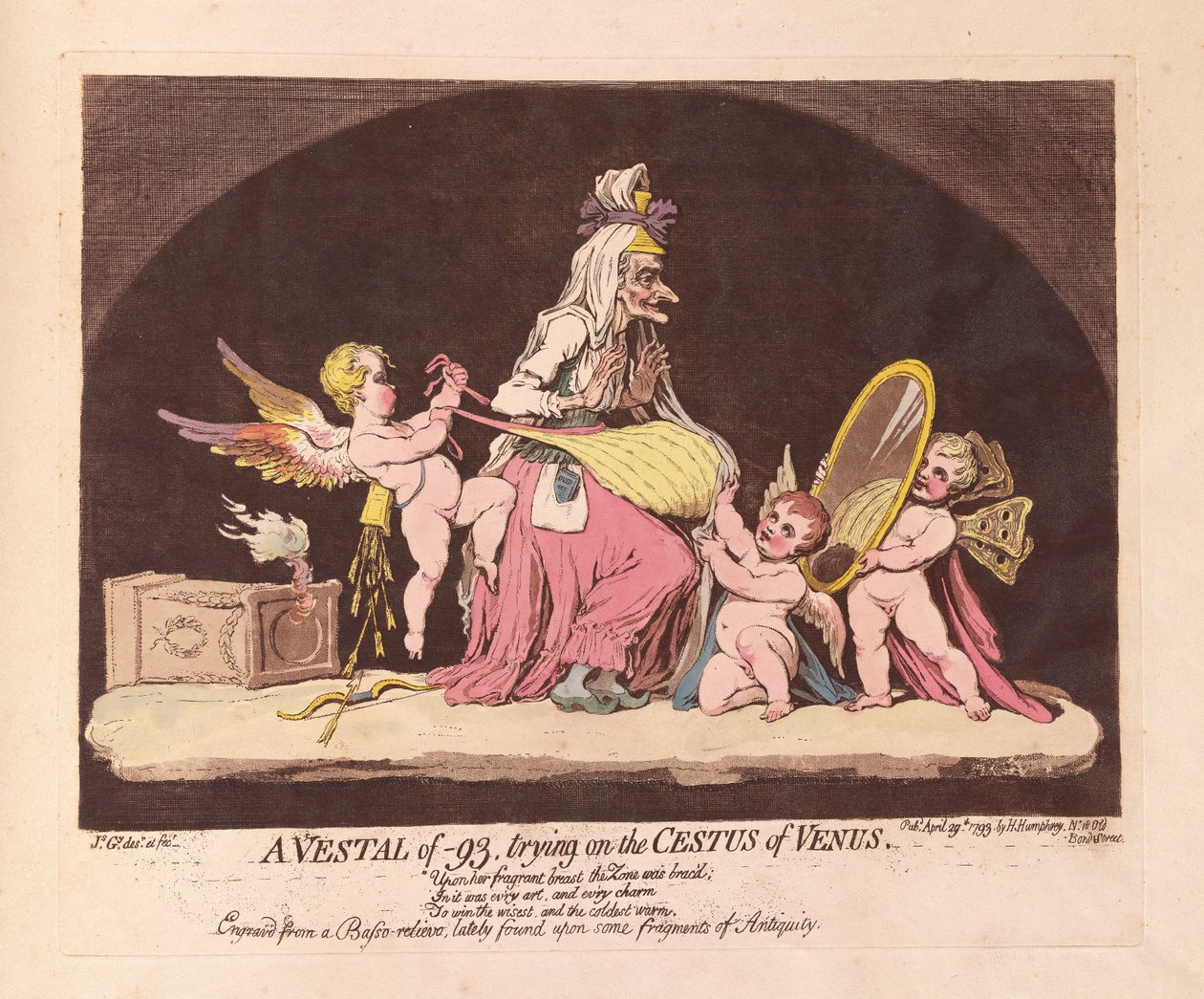 Vestal -93, yrittää Cestus of Venus, pubi. 1793 (käsinvärinen kaiverrus) tekijältä James Gillray
