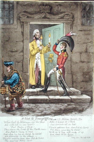 Vihje nuorille upseereille, Hannah Humphreyn vuonna 1804 julkaisema (käsinvärinen etsaus) tekijältä James Gillray